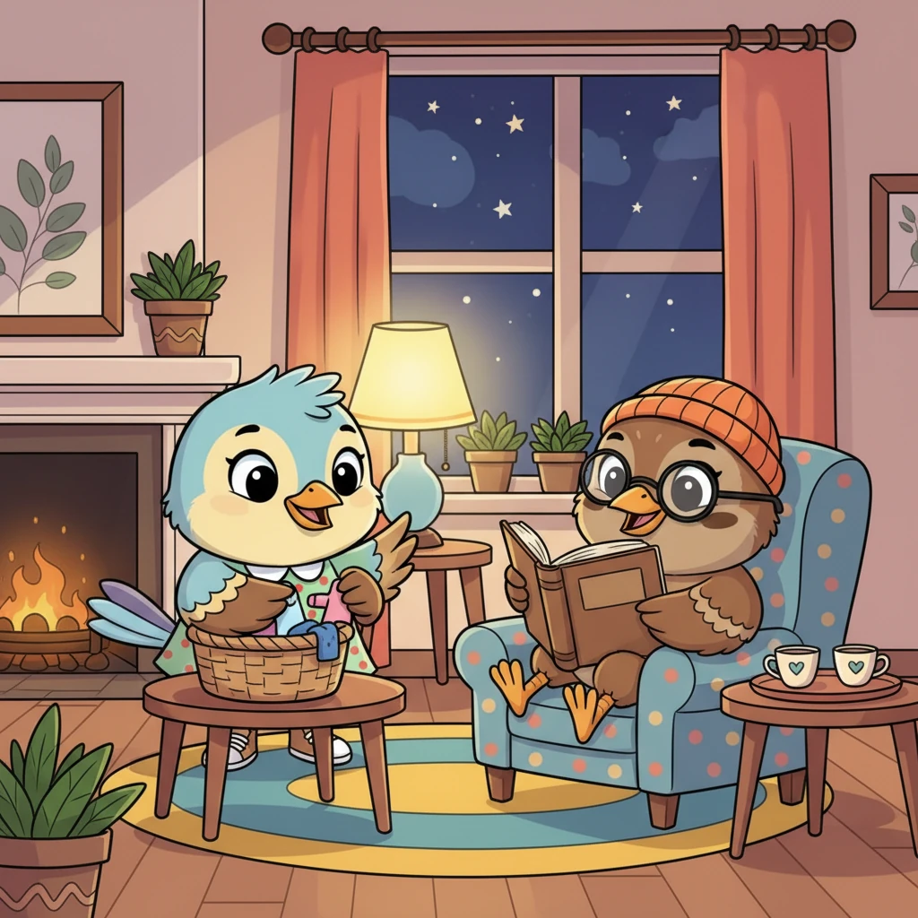 Once the children were tucked in, Mama Sparrow began her evening tidy-up, humming a gentle tune as Papa Sparrow relaxed in his favorite chair, reading a worn-out book. Their quiet, shared moments were just as precious as the lively ones.