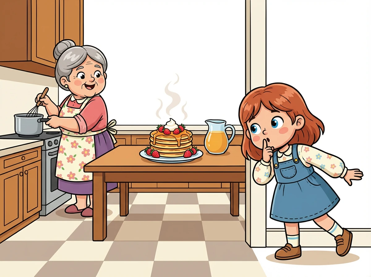 Nina schlüpft aus dem Bett und huscht in die Küche, wo ihre Oma schon fleißig am Werkeln ist. Auf dem Tisch steht ein dampfender Teller mit Pfannkuchen und Erdbeeren.