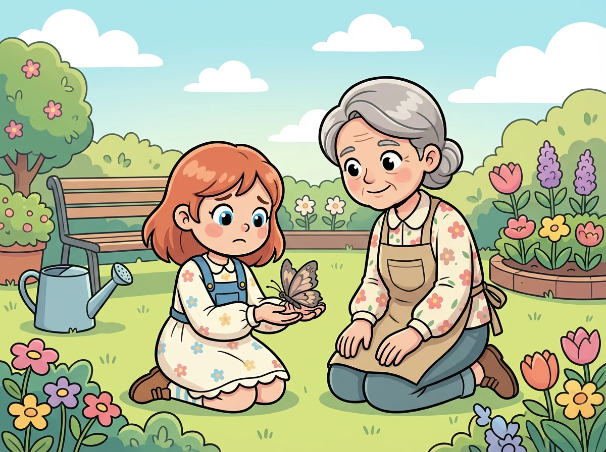 Nach dem Frühstück entdeckt Nina im Garten einen kleinen, verletzten Schmetterling. Vorsichtig nimmt sie ihn in ihre Hände und bringt ihn zu ihrer Oma.