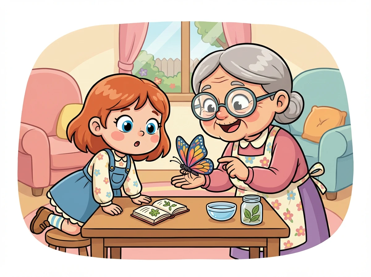 Oma kennt sich mit allen Tieren aus und weiß genau, was zu tun ist. Gemeinsam pflegen sie den Schmetterling gesund.