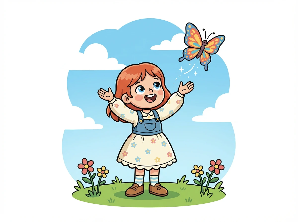 Als der Schmetterling wieder fliegen kann, lässt Nina ihn voller Freude los. Er tanzt in der Luft, als wollte er sich bedanken.