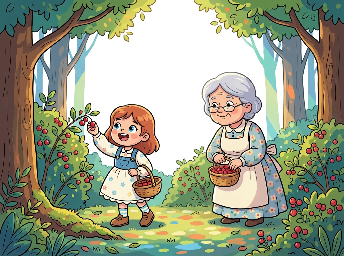 Am Nachmittag gehen Nina und ihre Oma in den Wald, um Beeren zu sammeln. Die Sonne scheint durch die Blätter und malt bunte Muster auf den Boden.