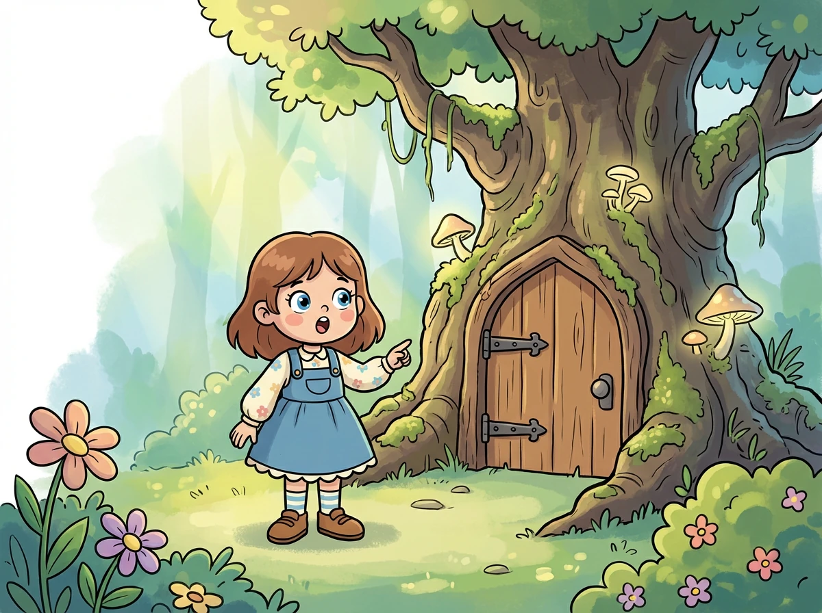 Plötzlich entdecken sie eine kleine, versteckte Lichtung. In der Mitte steht ein uralter Baum mit einer geheimnisvollen Tür.