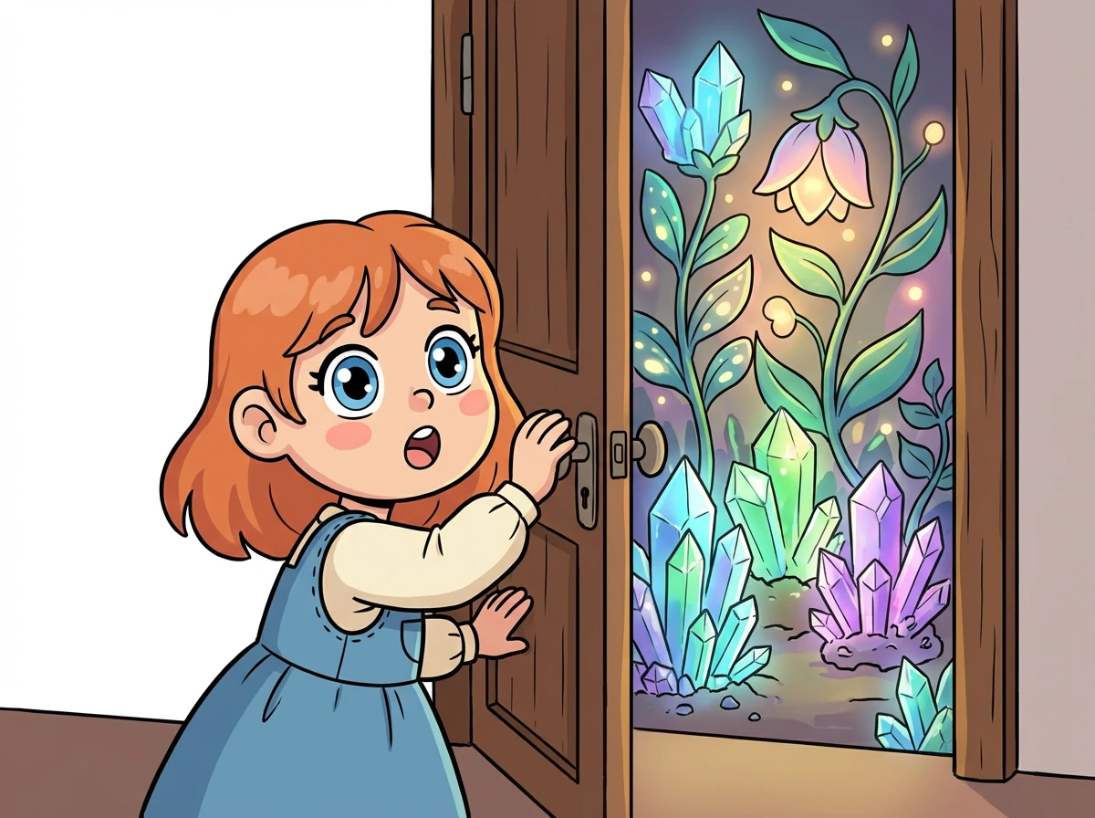 Nina ist neugierig und öffnet die Tür. Dahinter verbirgt sich ein kleiner Raum voller funkelnder Kristalle und leuchtender Pflanzen.