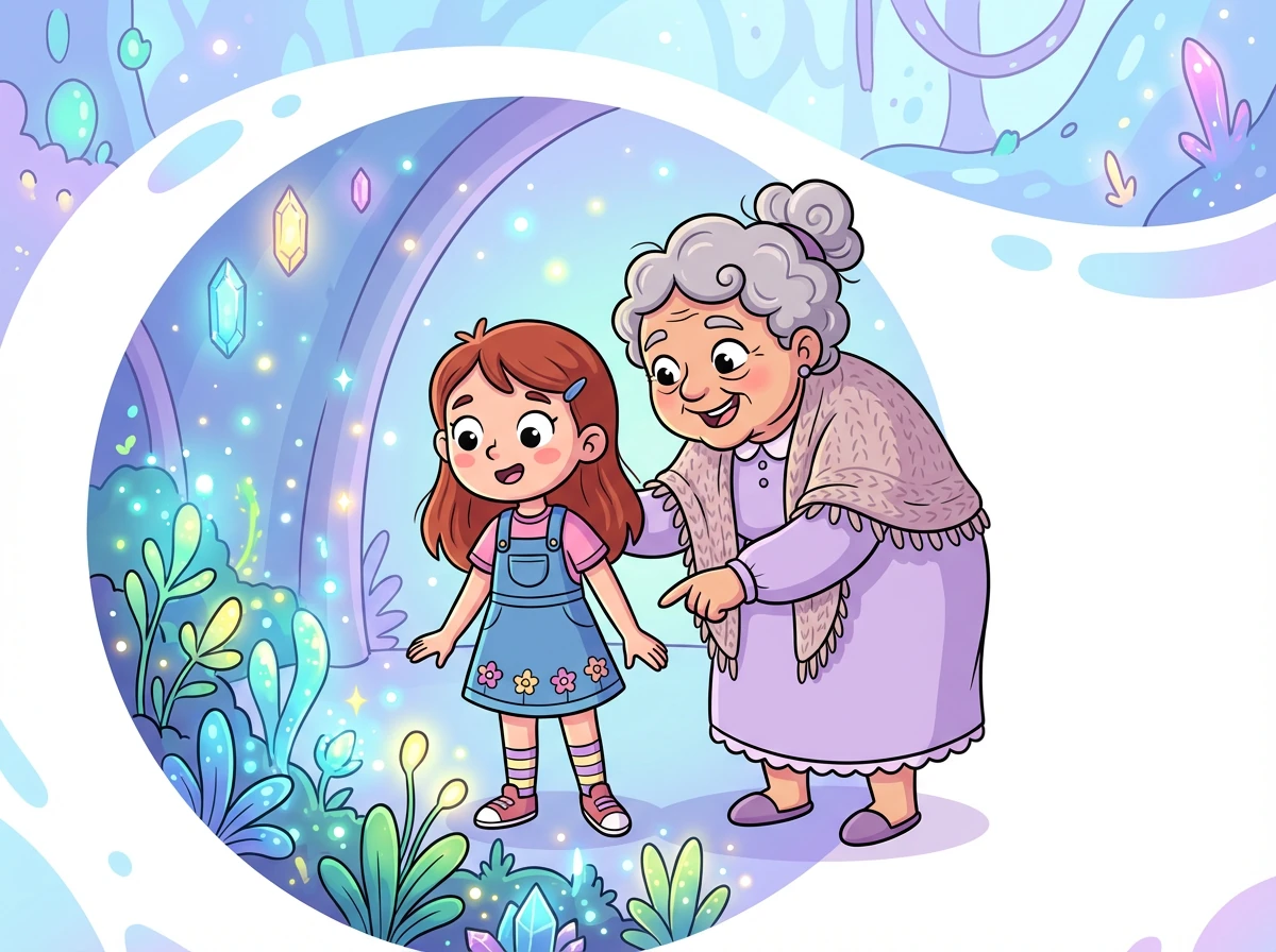 Oma erzählt Nina, dass dies ein magischer Ort ist, der nur denjenigen offenbart wird, die ein reines Herz haben. Gemeinsam bewundern sie die Schönheit des Raumes.