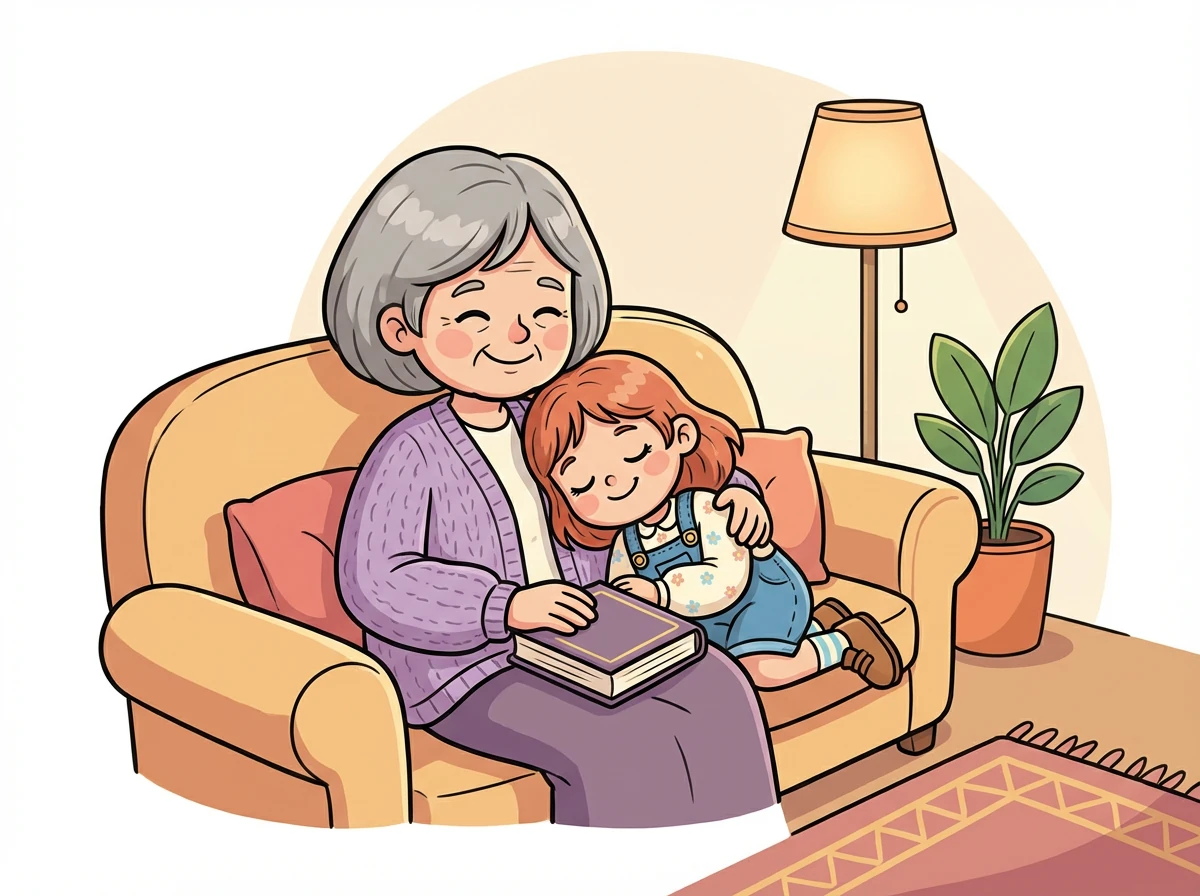 Am Abend kuschelt Nina sich mit ihrer Oma auf das Sofa und liest ein spannendes Buch. Müde und glücklich schläft sie schließlich in den Armen ihrer Oma ein.