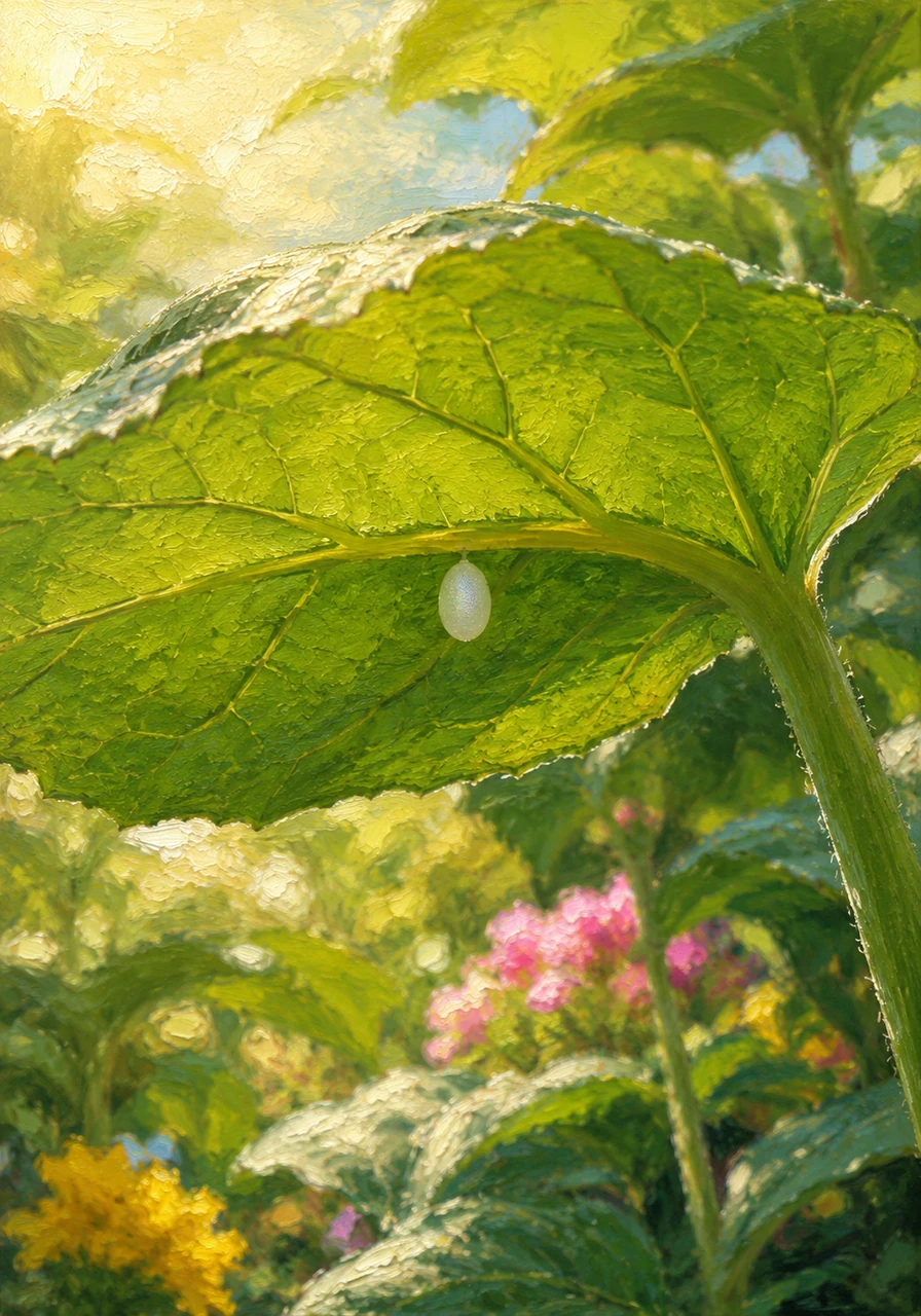 A tiny, pearly white egg rests gently on the underside of a bright green leaf in a lush, sunny garden. The surface of the leaf is textured with veins, and soft, warm sunlight filters through, creating a peaceful and quiet atmosphere. This is the very beginning of a remarkable transformation, hidden away from the busy world above.