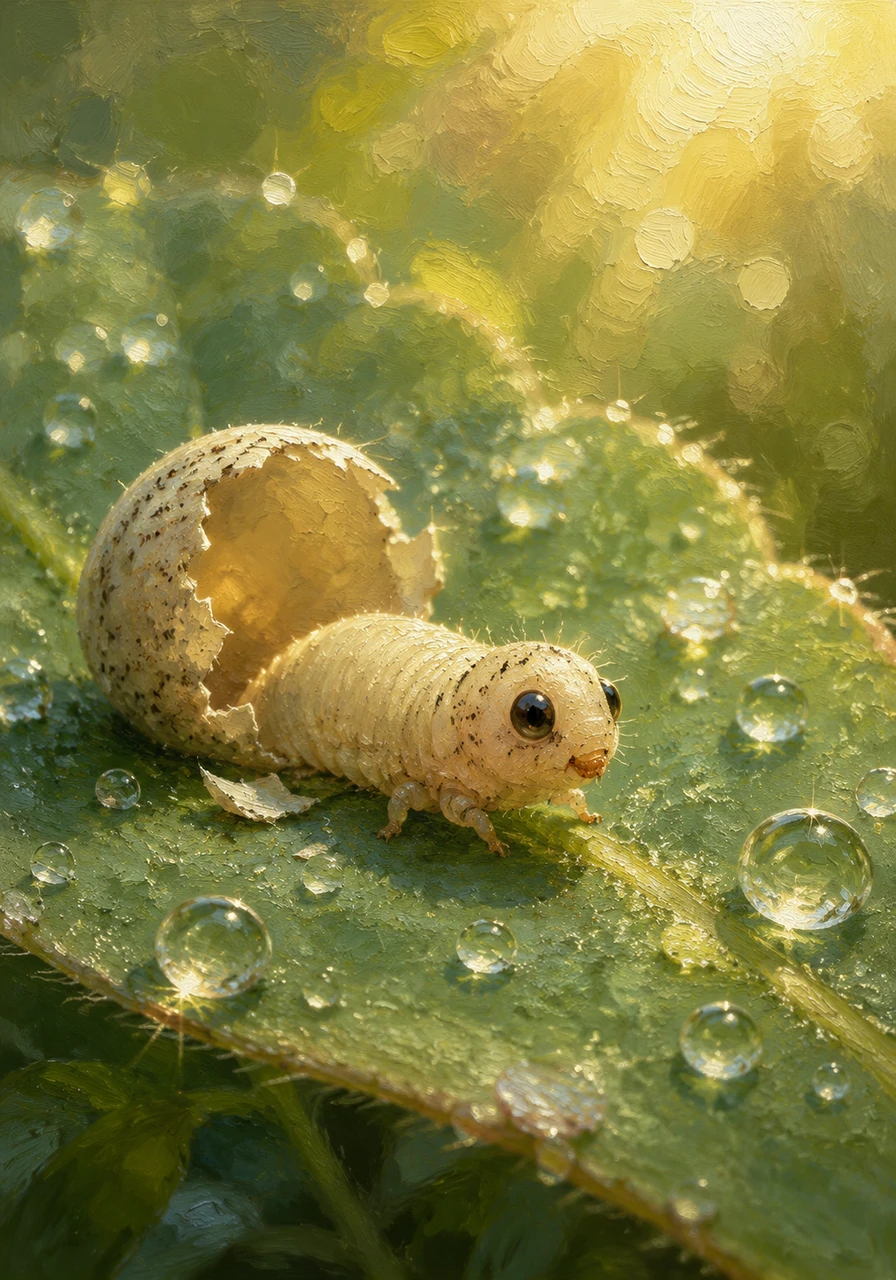 The egg hatches, revealing a tiny, wiggly larva named Felix. He is small and pale, resting on the surface of the leaf as he begins his journey by searching for his first meal. The surrounding environment is filled with dew drops that sparkle like diamonds in the morning light.
