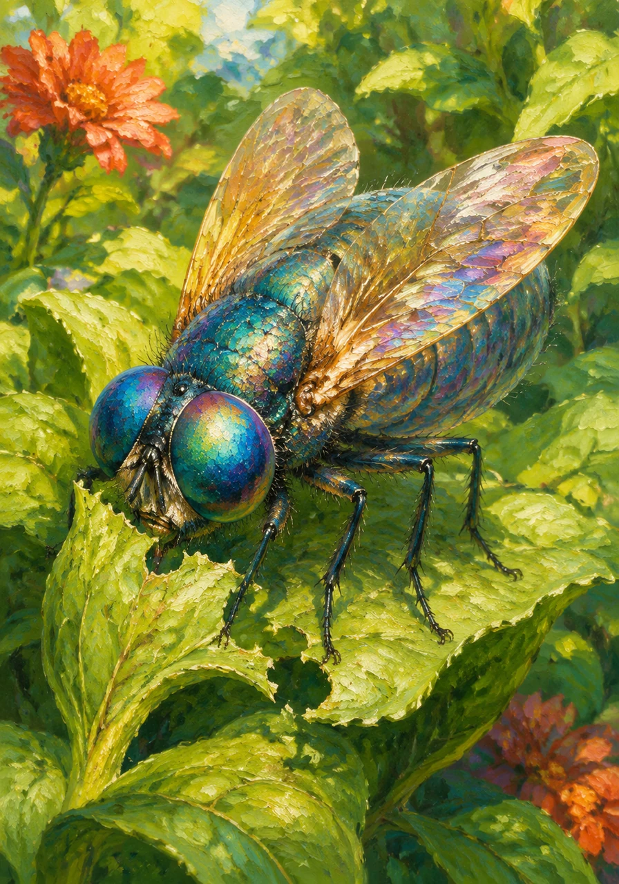 Felix is shown growing larger and stronger, munching on the nutrient-rich leaves of a garden plant. His body is slightly translucent, showing his rapid growth as he wiggles happily across the vibrant green foliage. The scene is bright and colorful, highlighting his constant hunger and development.