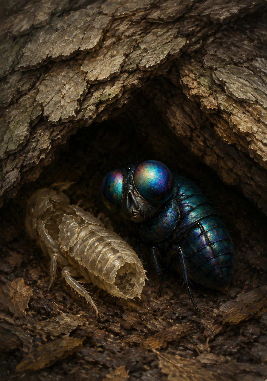 The larva sheds his skin for the final time, revealing a smoother, tougher exterior. He wiggles into a quiet, sheltered spot under a piece of textured tree bark to settle down for his big transition. The lighting here is dimmer and more protected, emphasizing the safety of his chosen nook.