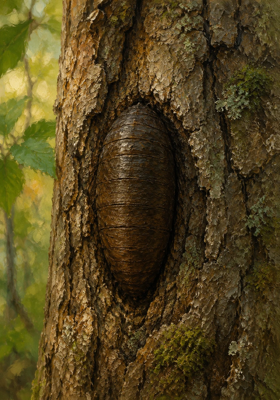 Felix forms a hard, protective dark brown shell called a puparium around his body. Inside this casing, he remains perfectly still while his body undergoes a magical change. The puparium is tucked securely against the bark, blending in with the natural surroundings.