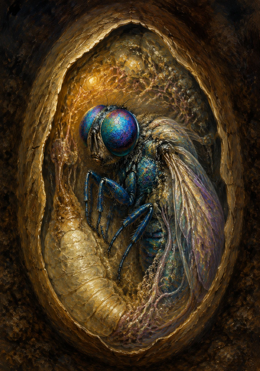 Deep inside the pupa, a cross-section or artistic representation shows Felix changing from a larva into a completely new form. Delicate structures like wings, legs, and compound eyes are slowly forming in the darkness. It is a time of quiet patience and incredible biological engineering.