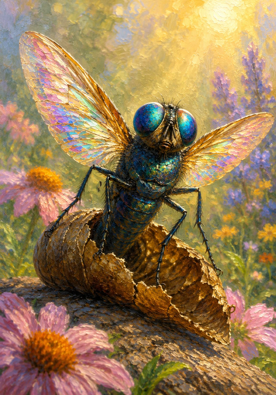 The pupa casing cracks open, and Felix pushes his way out into the bright, warm air of the garden. He is no longer a crawling larva, but a newly emerged insect with shiny, iridescent eyes. He takes his first breath of the fresh garden breeze, surrounded by soft-focus flowers.