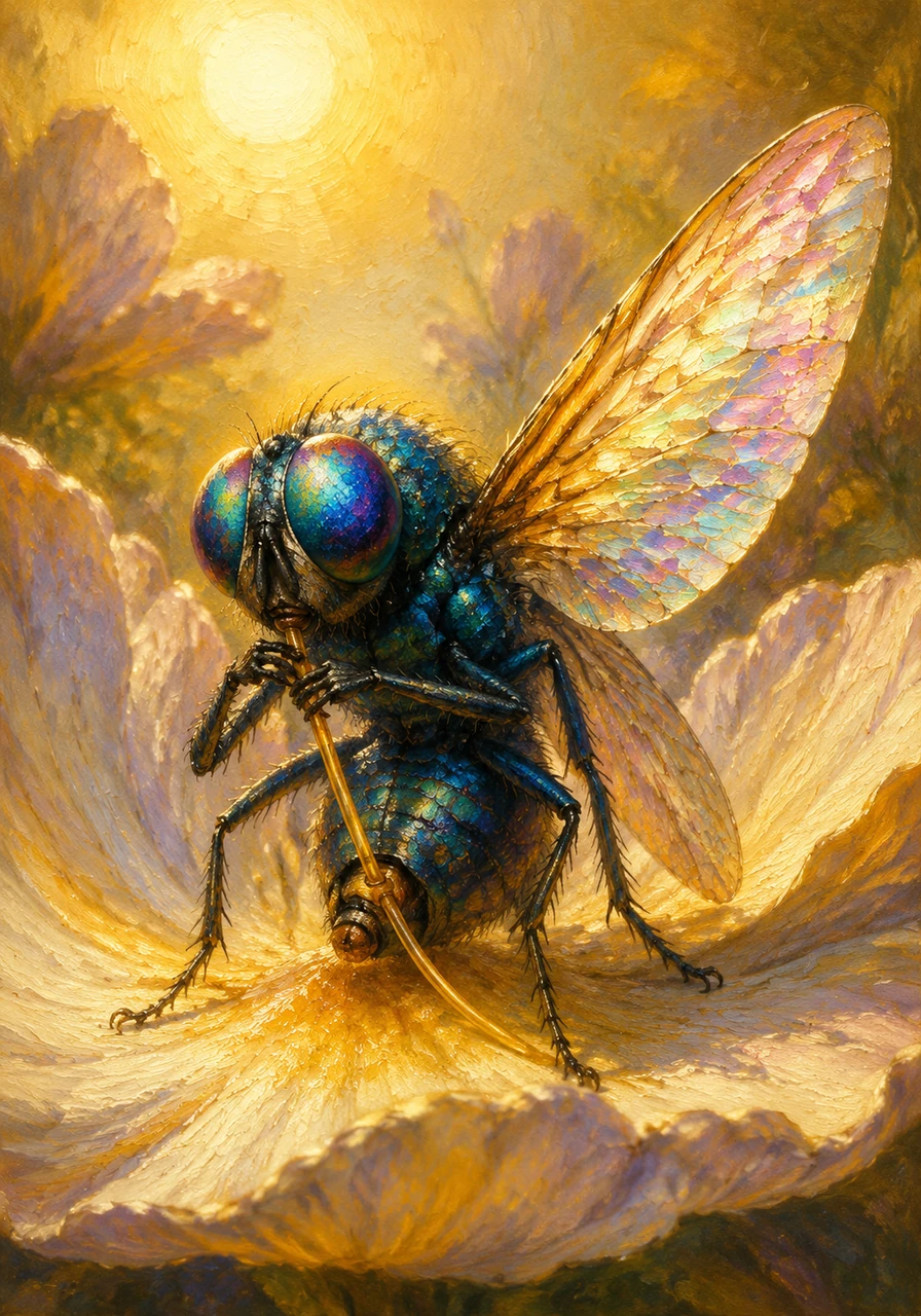 Felix sits quietly on a sun-drenched petal, gently pumping fluid into his crumpled wings to help them expand and harden. They shimmer like stained glass in the sunlight, becoming strong and ready for flight. His posture is alert and focused, reflecting his newfound readiness.