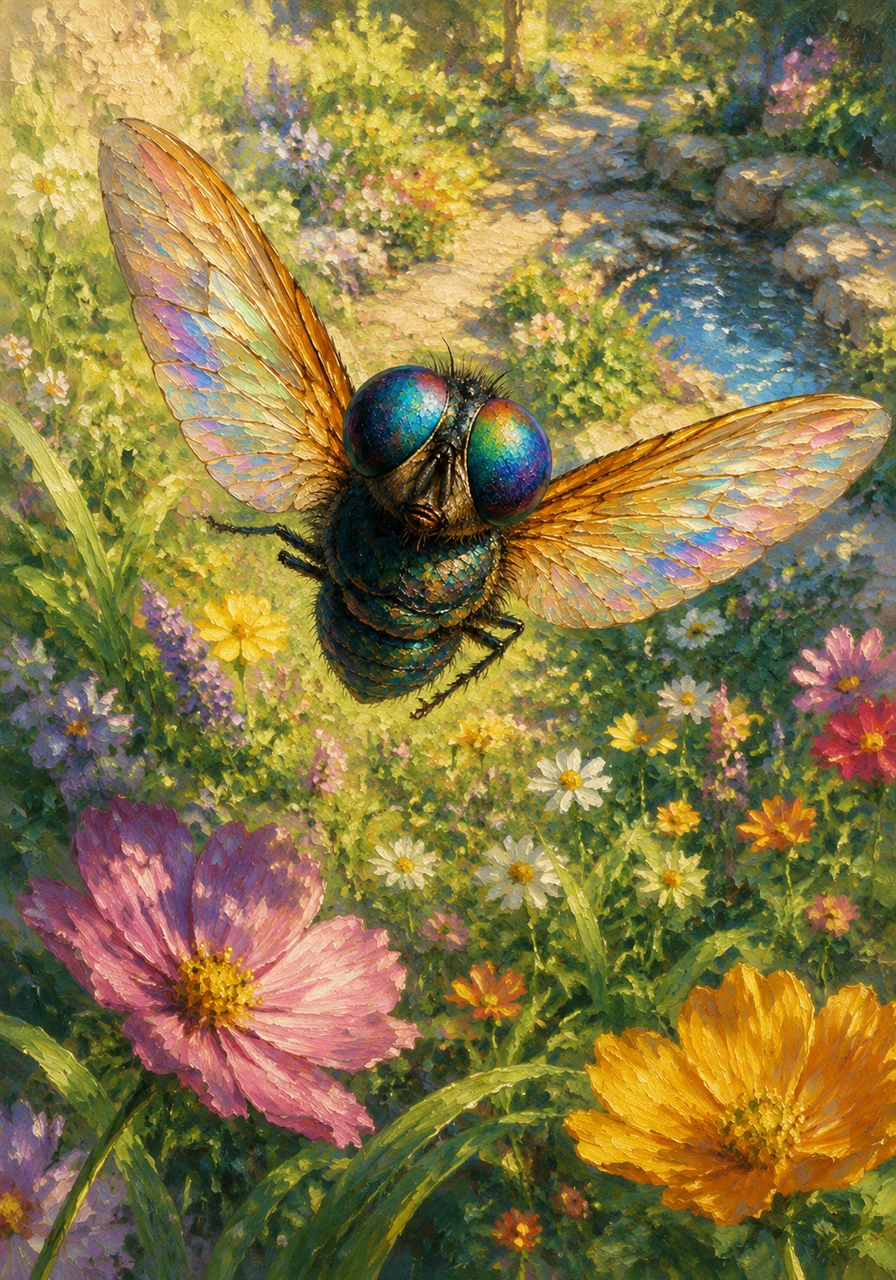 With a soft buzz, Felix flaps his wings and takes his first flight, soaring gracefully over colorful garden flowers and blades of grass. He explores the vast garden, seeing the world from a high vantage point for the first time. The scene captures the beauty of the garden from an insect's-eye view.