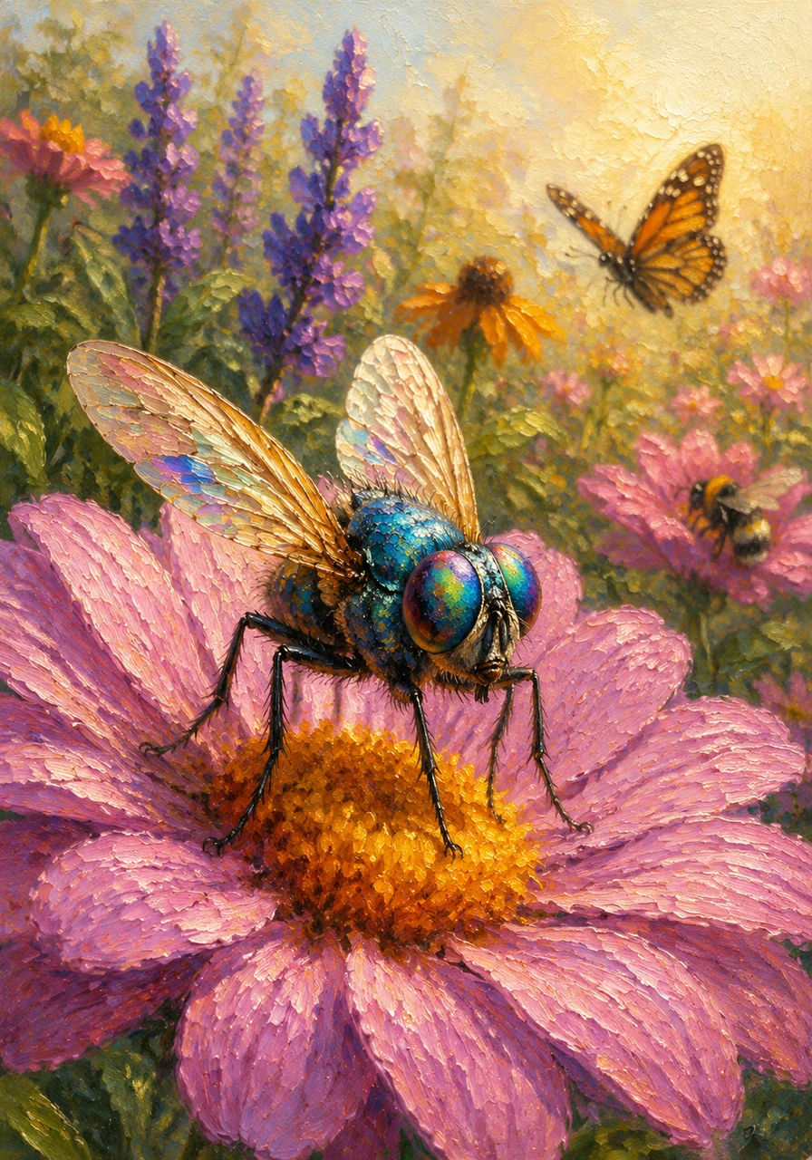 Felix lands on a beautiful, blooming flower, his life cycle complete and his adventure just beginning. He plays his part in nature, helping to pollinate plants and keeping the garden ecosystem healthy. He is a small creature with a big purpose, looking out over the garden with a sense of accomplishment.