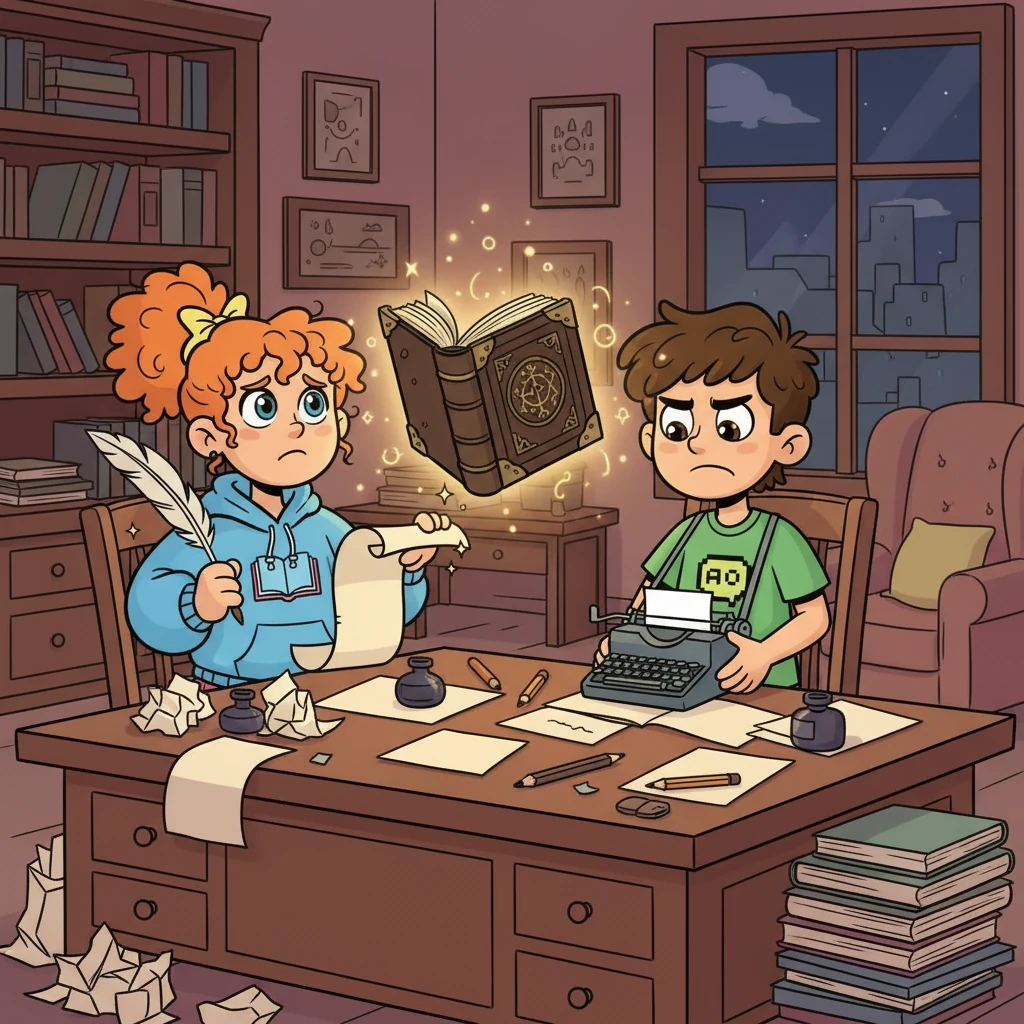 Η Ελένη και ο Μάνος, δύο έφηβοι, κάθονταν στο γραφείο τους, απογοητευμένοι από την εργασία τους στη γραφή. Ένα μαγικό βιβλίο εμφανίστηκε μπροστά τους, γεμάτο μυστήριους συμβολισμούς.