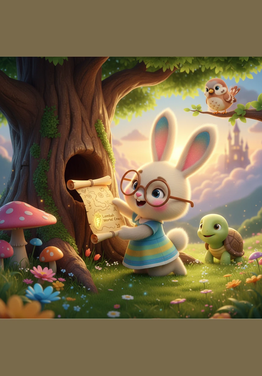 Kiki si Kelinci sedang bermain di bawah pohon besar saat ia menemukan sebuah gulungan kertas tua yang tersembunyi di dalam lubang pohon. Ternyata itu adalah peta rahasia menuju Lembah Wortel Emas yang legendaris. Matanya berbinar senang membayangkan petualangan seru yang menantinya di depan mata.