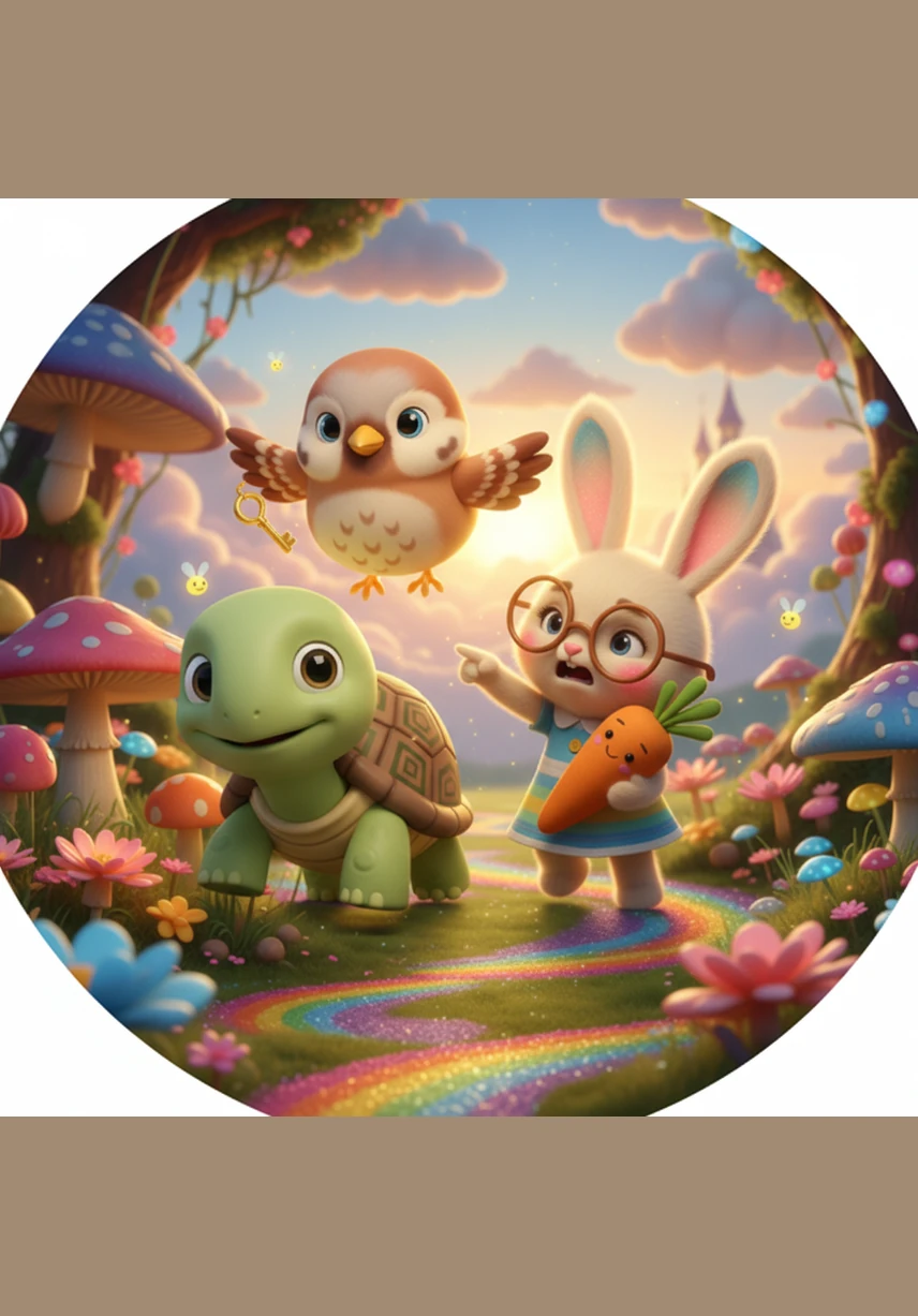 Saat matahari mulai terbenam dan langit berubah warna menjadi jingga, Pipit melihat cahaya keemasan yang sangat terang dari balik bukit. Ia segera terbang kembali untuk memberi tahu Kiki dan Tobi bahwa tujuan mereka sudah sangat dekat di depan sana. Semangat mereka kembali berkobar dan mereka pun mempercepat langkah kaki mereka dengan riang.