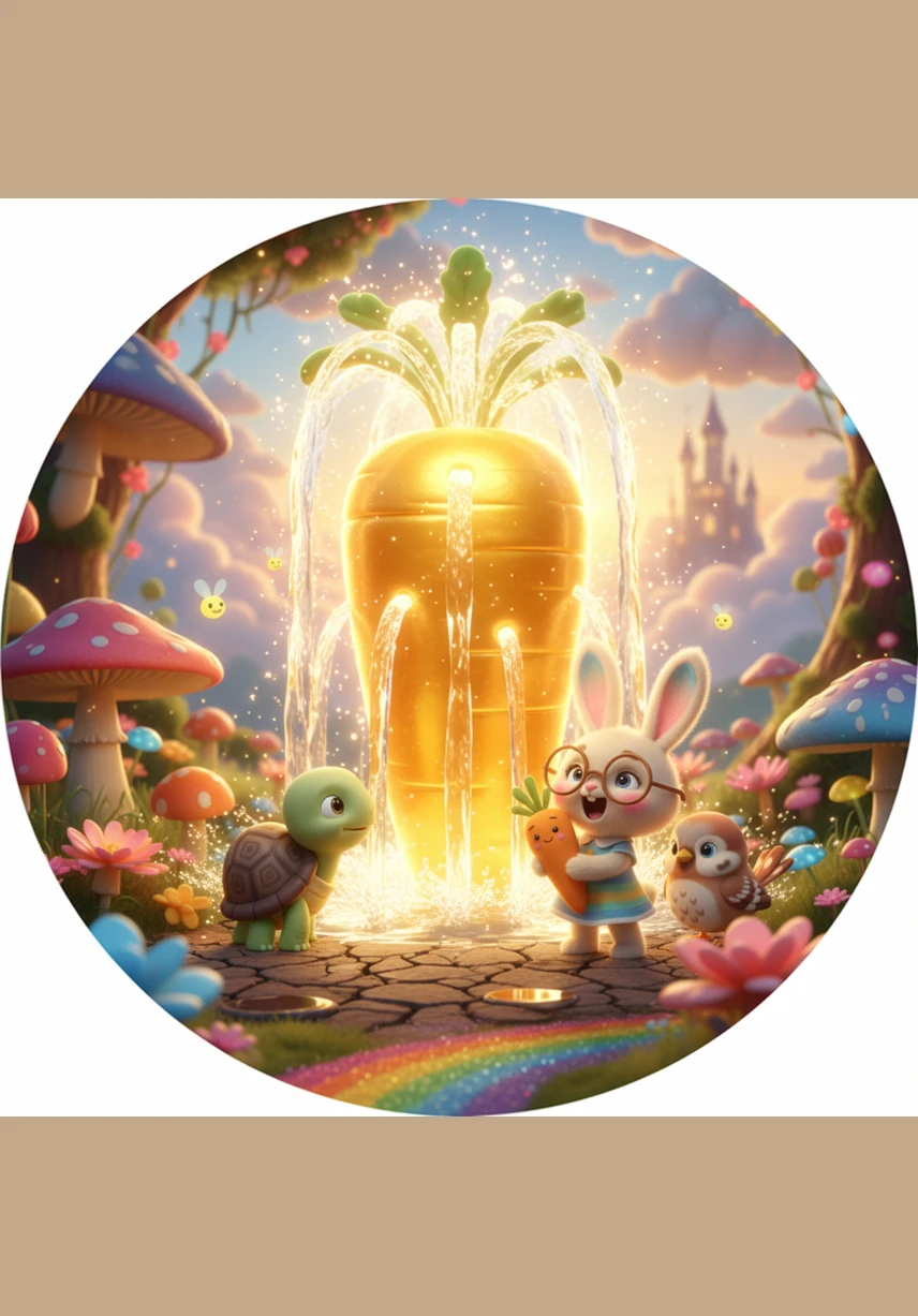 Di tengah lembah yang tersembunyi dan indah, mereka akhirnya menemukan Wortel Emas yang memancarkan cahaya sangat terang. Namun, mereka terkejut karena Wortel Emas itu ternyata adalah sebuah air mancur ajaib yang berbentuk wortel raksasa. Airnya yang jernih mengalir membasahi tanah di sekitarnya yang terlihat mulai kering dan tandus.