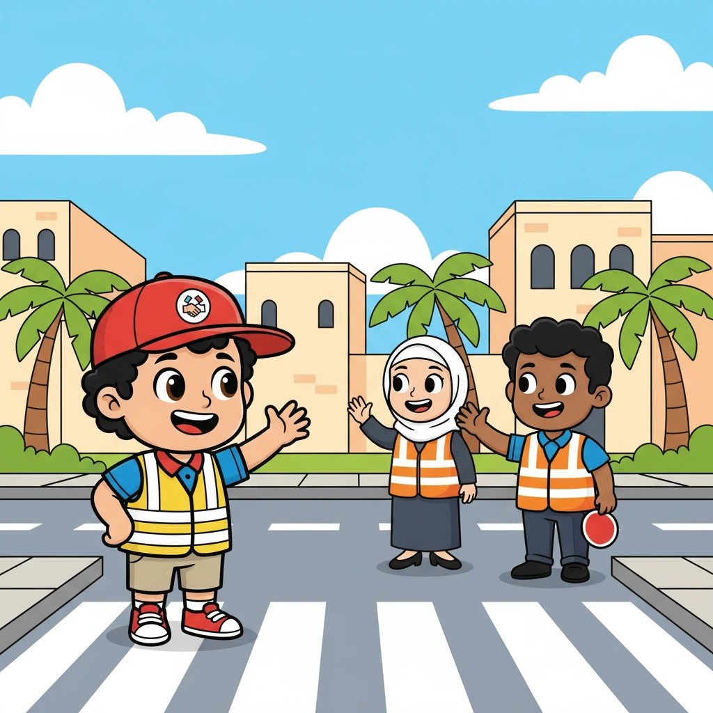 عندما يصل إلى الجانب الآخر من الشارع، يلوح صفوان بيده لدورية الحذر، معربًا عن شكره وتقديره. يبتسمون له ويردون التحية.