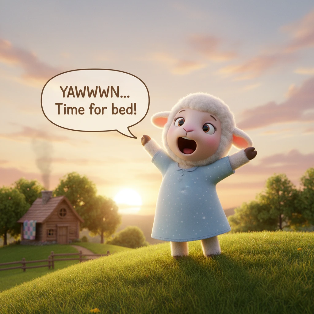 Luna the Lamb, soft and white, felt a gentle yawn stretch across her face. The sun was dipping low, painting the sky in hues of orange and pink, signa