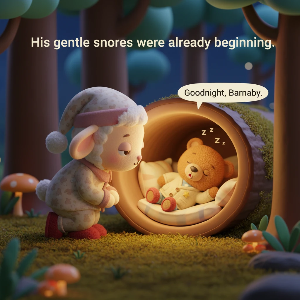 Her first stop was to say goodnight to Barnaby Bear, who was already snuggled in his log. "Goodnight, Barnaby," whispered Luna, as Barnaby gave a slee