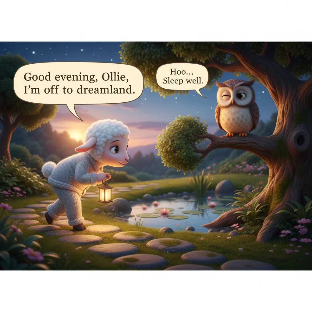 Next, she tiptoed past the pond where Ollie the Owl was just waking up. "Good evening, Ollie," she murmured softly, "I'm off to dreamland." Ollie blin