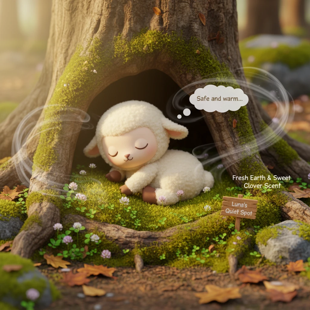 Luna found her special sleeping nook, a cozy little hollow lined with the softest moss. It smelled like fresh earth and sweet clover, her favorite bed