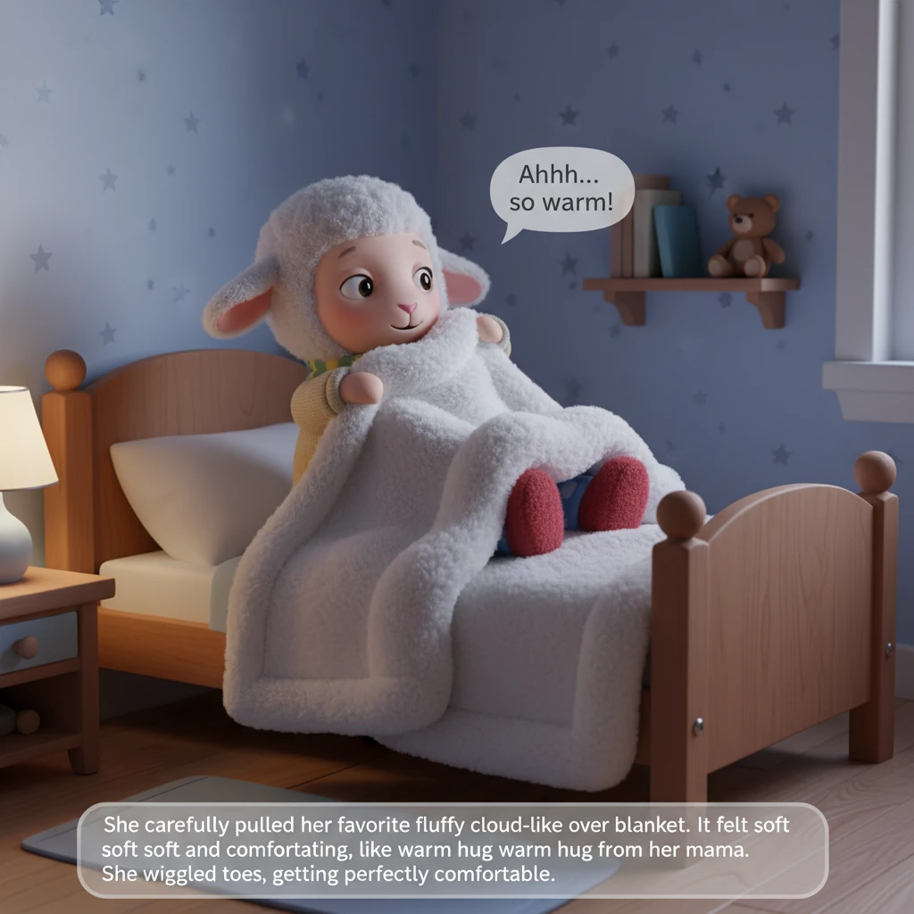 She carefully pulled her favorite fluffy cloud-like blanket over herself. It felt soft and comforting, like a warm hug from her mama. She wiggled her