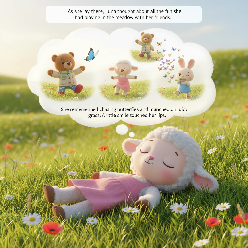 As she lay there, Luna thought about all the fun she had playing in the meadow with her friends. She remembered chasing butterflies and munching on ju