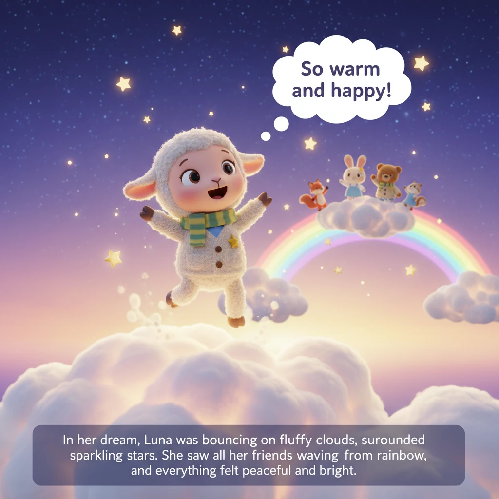 In her dream, Luna was bouncing on fluffy clouds, surrounded by sparkling stars. She saw all her friends waving from a rainbow, and everything felt pe