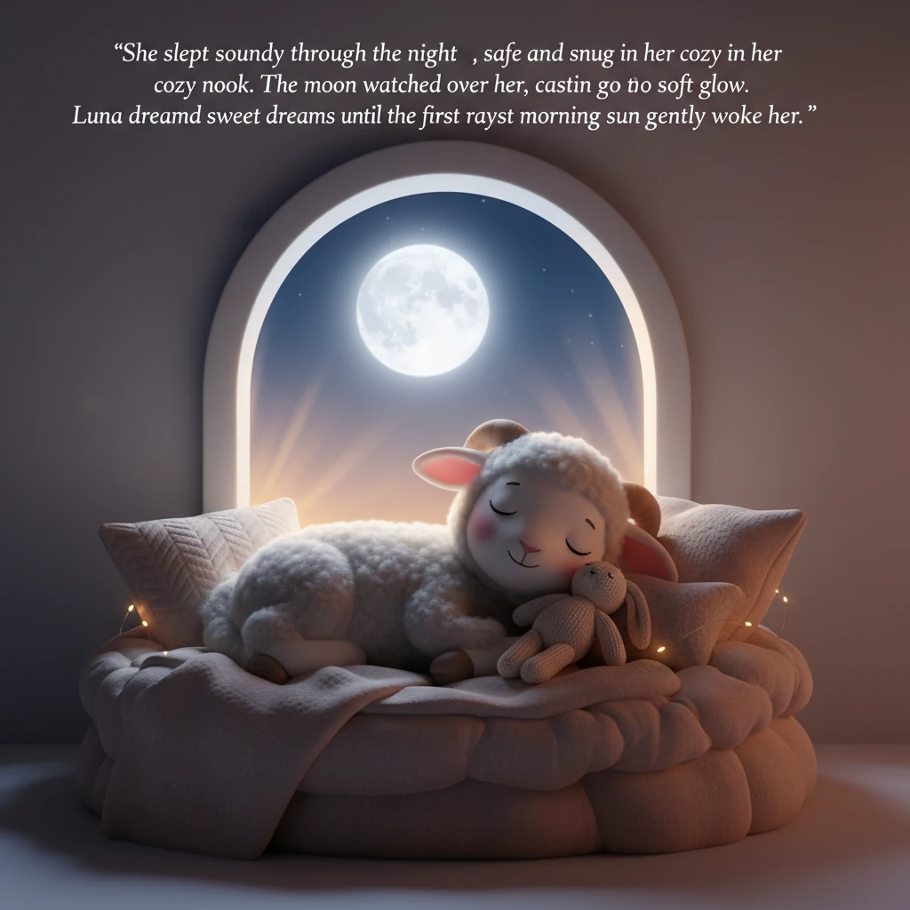 She slept soundly through the night, safe and snug in her cozy nook. The moon watched over her, casting a soft glow. Luna dreamed sweet dreams until t