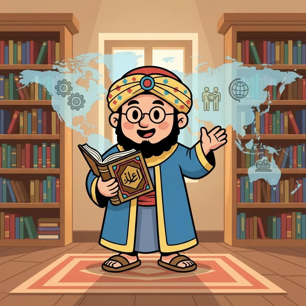 Shaykh Omar then moved to the modern implications of the movement, discussing its influence and the misconceptions that surround it. He emphasized the importance of understanding the ideology, its diverse interpretations, and the need for respectful dialogue. The illustration subtly depicted a modern map with ideological icons.