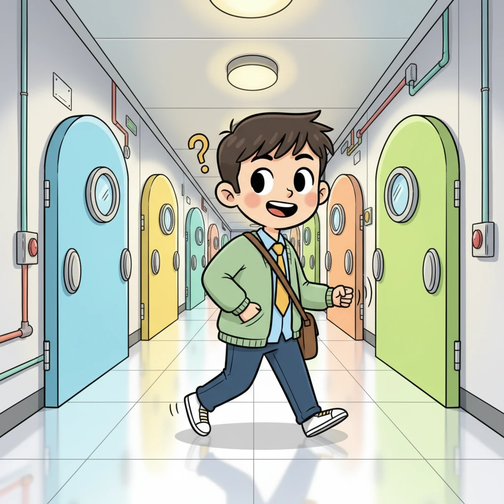 KC, a cheerful young man with wide eyes, strides down a ridiculously long, brightly lit corridor in a lab building. Behind him, cartoonishly large doors, each with a tiny peephole window, swing open and close with a playful "whoosh," as if by an invisible, mischievous hand. KC looks over his shoulder with a quizzical, slightly amused expression.