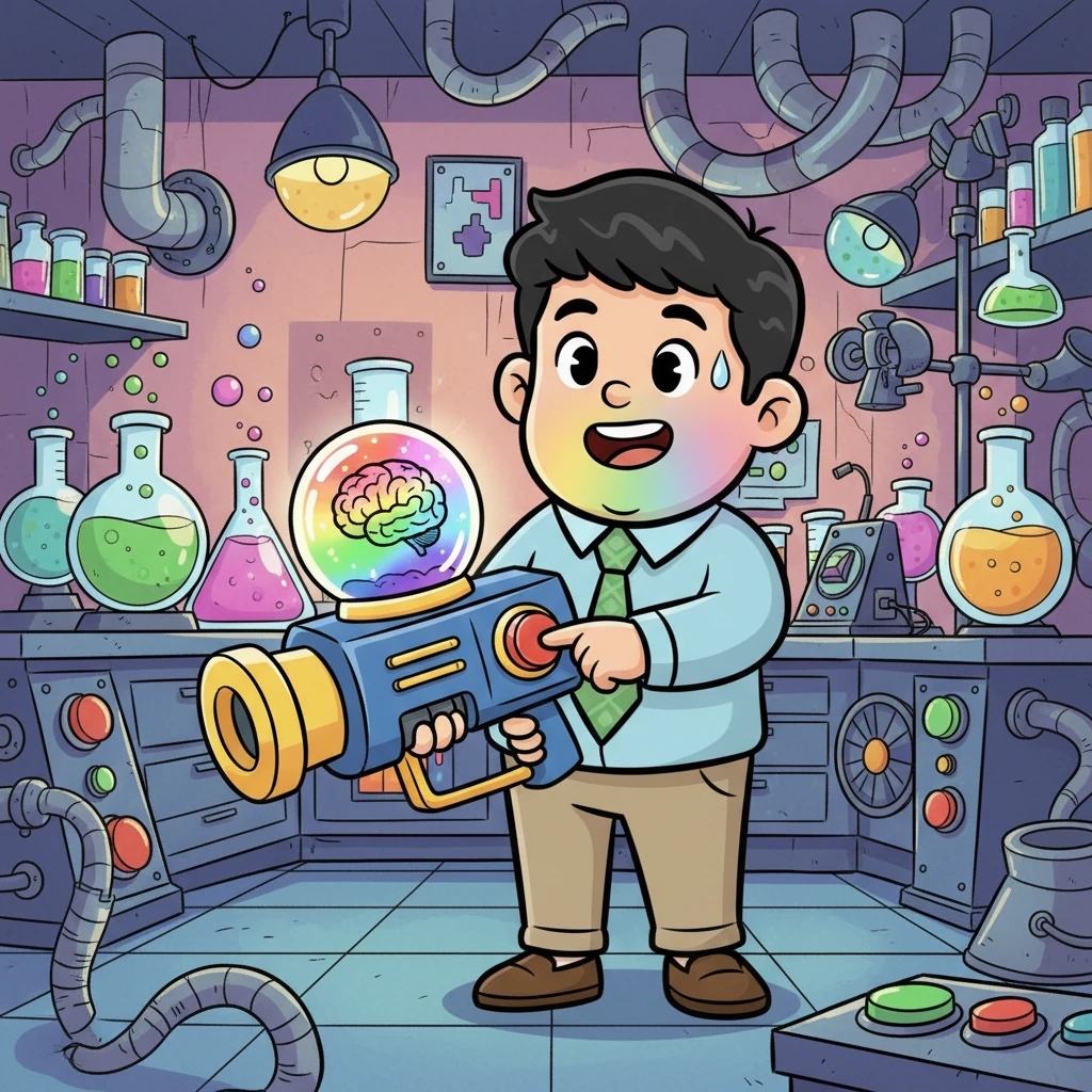 Inside a vibrant, colorful lab filled with bubbling beakers and oversized gadgets, KC discovers a laser gun. It looks like a super-fun toy, complete with a glowing glass orb containing a tiny, cartoon brain. With a curious grin, KC presses the "on" button, making the orb pulse with rainbow light before he quickly switches it off, a nervous sweat drop forming on his brow.