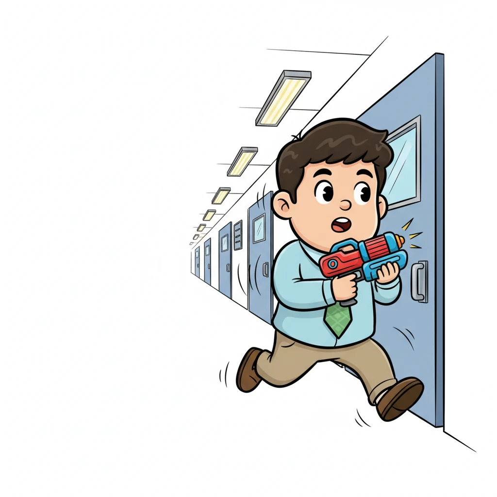 With eyes wide and a comical dash, KC bursts out of the lab, clutching the toy laser gun to his chest. The corridor behind him remains eerily quiet, but a sense of unseen presence lingers, making KC's legs pump like pistons in an exaggerated sprint. He glances back, a mix of relief and lingering apprehension on his face.