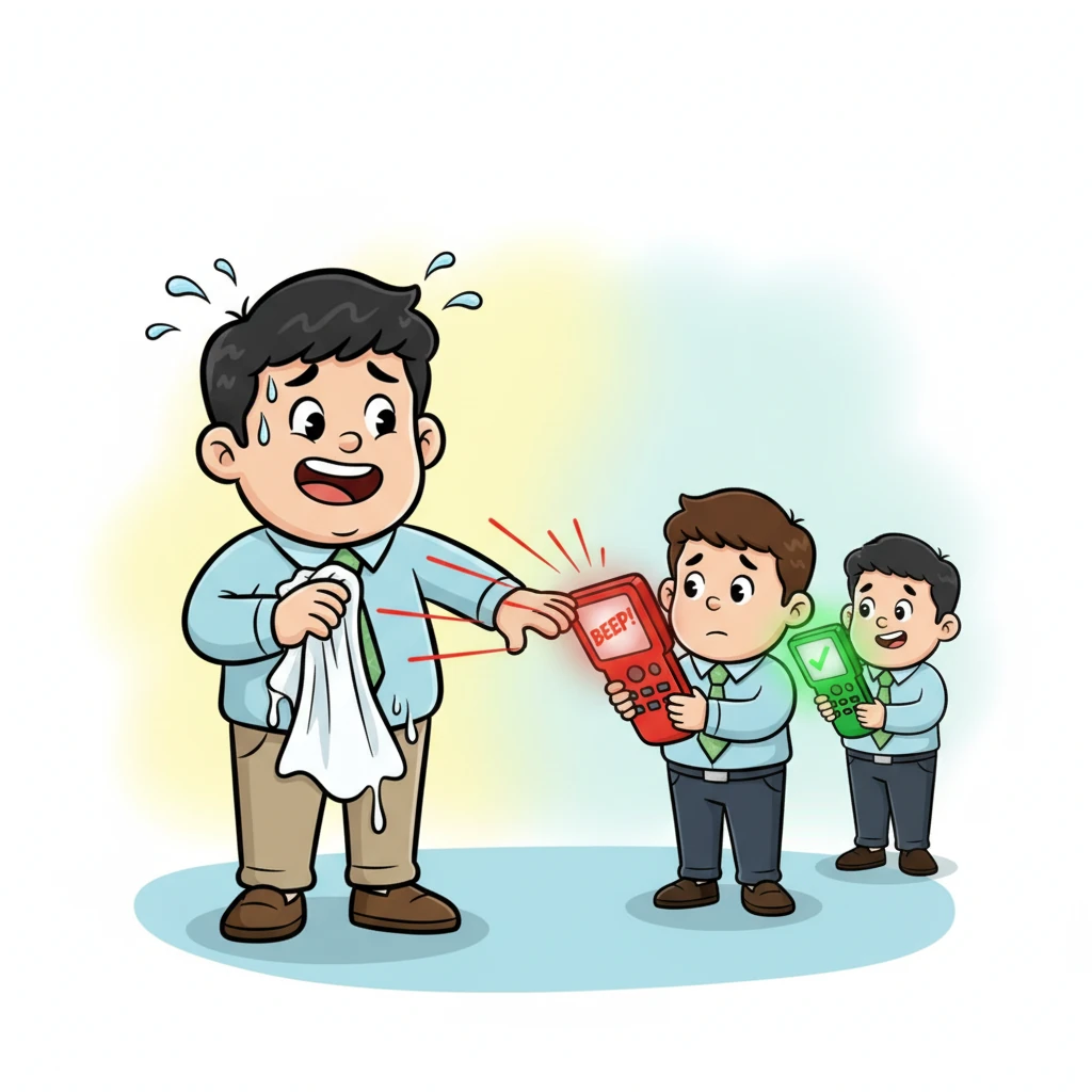 The enforcers, holding comical handheld scanners that resemble oversized remote controls, check everyone's fingers. When one scans KC's finger, it blares a dramatic red "BEEP!" KC, with a frantic grin, quickly wipes his hands on a cartoonishly wet tissue. The next scan turns a triumphant green, and the enforcers, looking slightly confused, eventually move on.