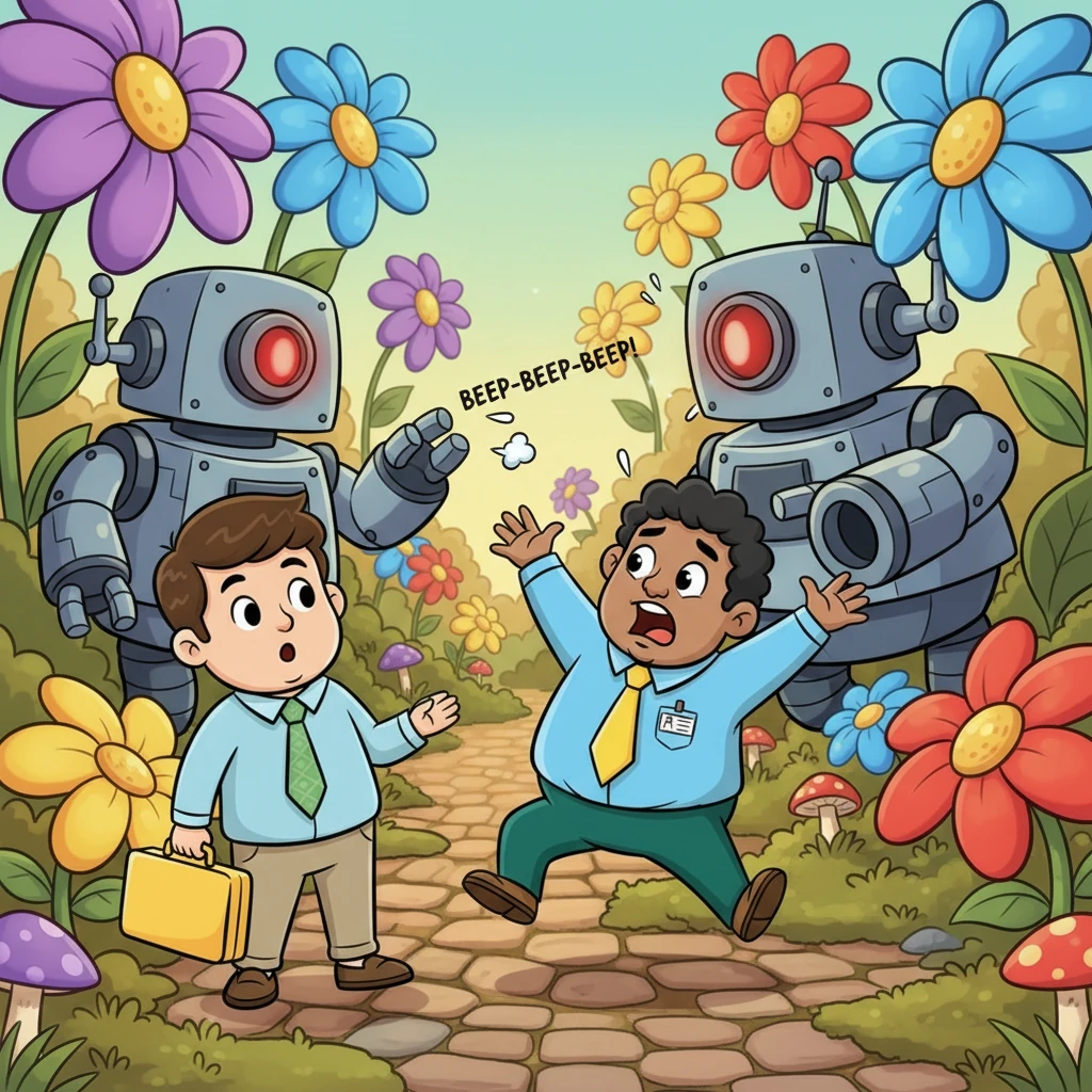 As KC and Soo San stroll through a whimsical garden bursting with giant, fantastical flowers, massive, cartoonish turrets loom along the path. One of these turrets, shaped like a friendly but imposing robot, suddenly swivels, points directly at KC, and emits a comical "BEEP-BEEP-BEEP!" alarm, making KC jump with a startled yelp before it inexplicably stops.
