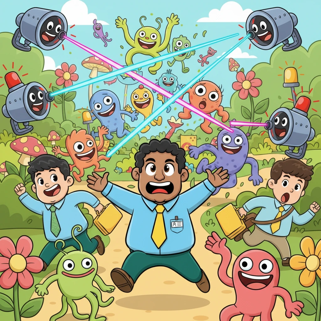 The peaceful garden erupts into chaotic fun as alarms blare and strange, goofy-looking mutated creatures, with wobbly limbs and silly grins, flood the area. The turrets, now enthusiastically firing harmless-looking laser beams, add to the cheerful pandemonium. Everyone runs around with exaggerated, cartoonish panic, creating a whirlwind of bright colors and funny movements.