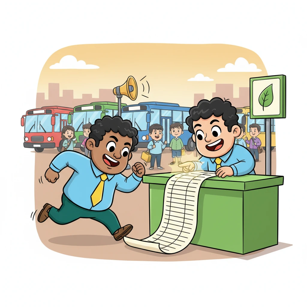 Amidst the joyful chaos, colorful evacuation buses arrive, and a booming announcement instructs everyone to gather by their team colors. KC, remembering his team is green, races to the green counter. He eagerly scans a ridiculously long list of names, his face lighting up with relief as he spots his name and the magical number "9902."