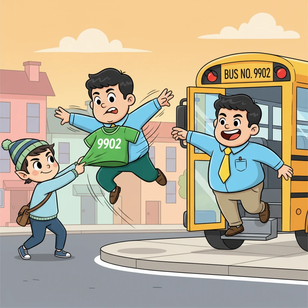 KC's triumphant grin turns into a comical frown as he sees a sneaky, mischievous-looking stranger snatch a bright green jersey with a giant "9902" on it. With an indignant shout, KC leaps into action, a blur of cartoon motion, playfully wrestling the jersey back. He pulls it on with a victorious flourish and hops onto the bus, beaming.