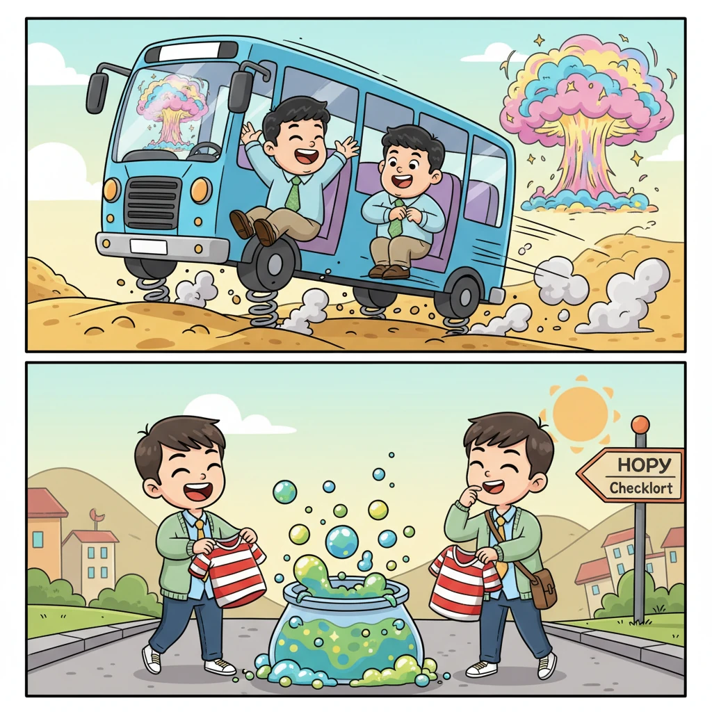 Inside the bus, which bounces wildly over exaggerated, bumpy terrain, KC chats happily with his old friend, Kai Chong. As they finally reach safety, they look back to see the facility explode in a spectacular, colorful, cartoon-like mushroom cloud. At a checkpoint, they playfully discard their jerseys, getting sprayed by friendly, bubbly chemicals, leaving KC wondering with a thoughtful, whimsical expression if he's truly "clean."