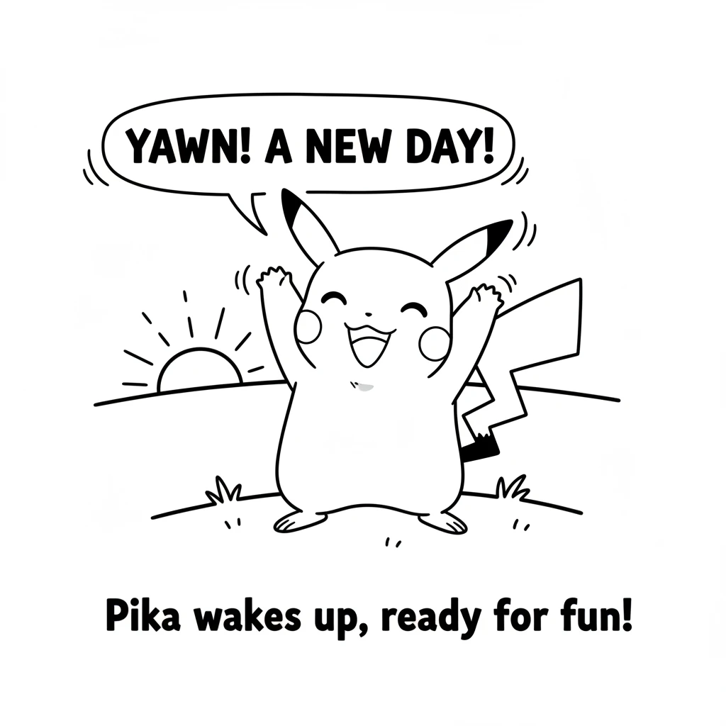 Pika wakes up with a happy stretch, ready for a brand new day. The sun peeks over the horizon, painting the sky with soft light. Pika wiggles its ears