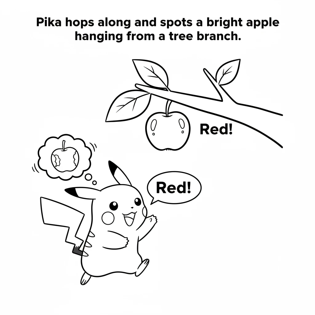 Pika hops along and spots a bright red apple hanging from a tree branch. It looks so round and shiny! "Red!" Pika chirps, imagining biting into the cr