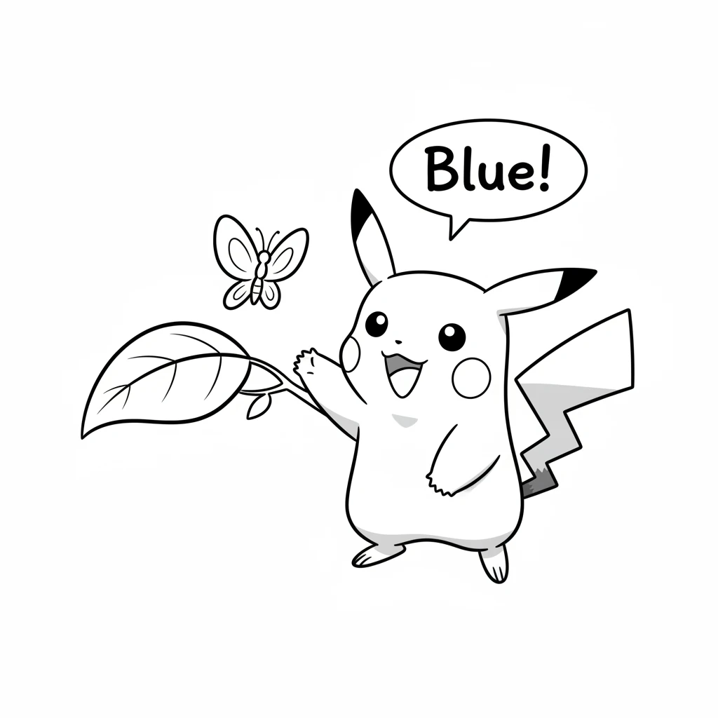 Fluttering nearby, Pika sees a beautiful blue butterfly dancing through the air. Its wings are wide and graceful. "Blue!" Pika giggles, watching it ge