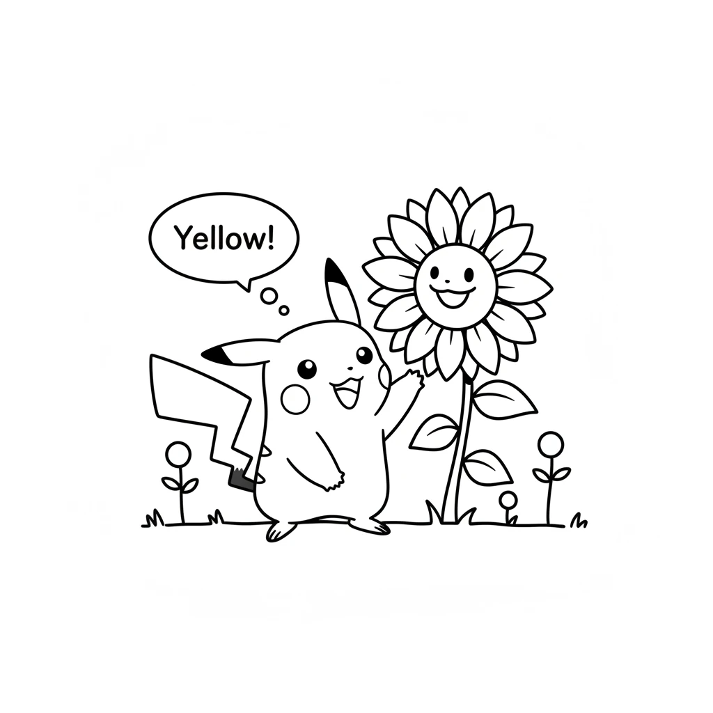 Next, Pika discovers a cheerful yellow sunflower, turning its face towards the sun. Its petals are like a big, happy smile. "Yellow!" Pika thinks, fee