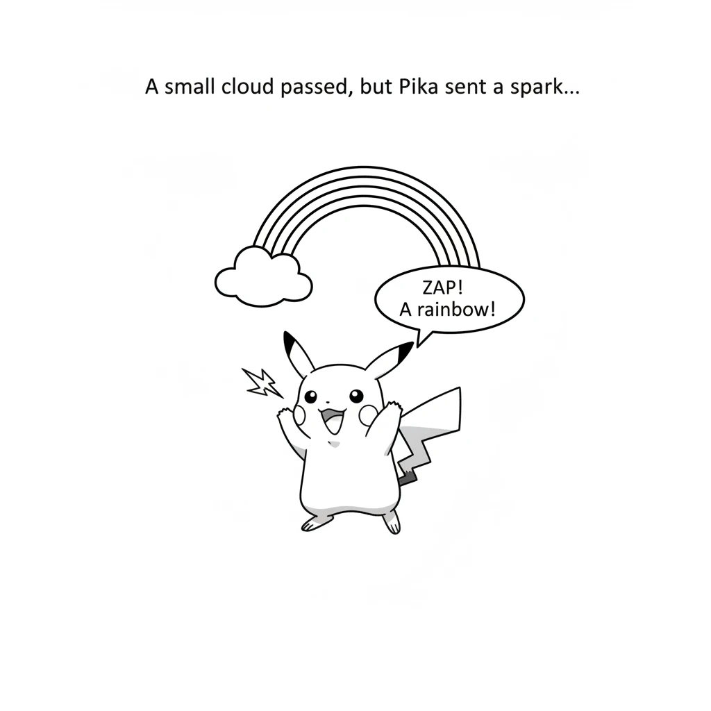 A small grey cloud passes overhead, but Pika sends a tiny, happy spark into the air. Just like magic, a little rainbow appears, showing all the colors