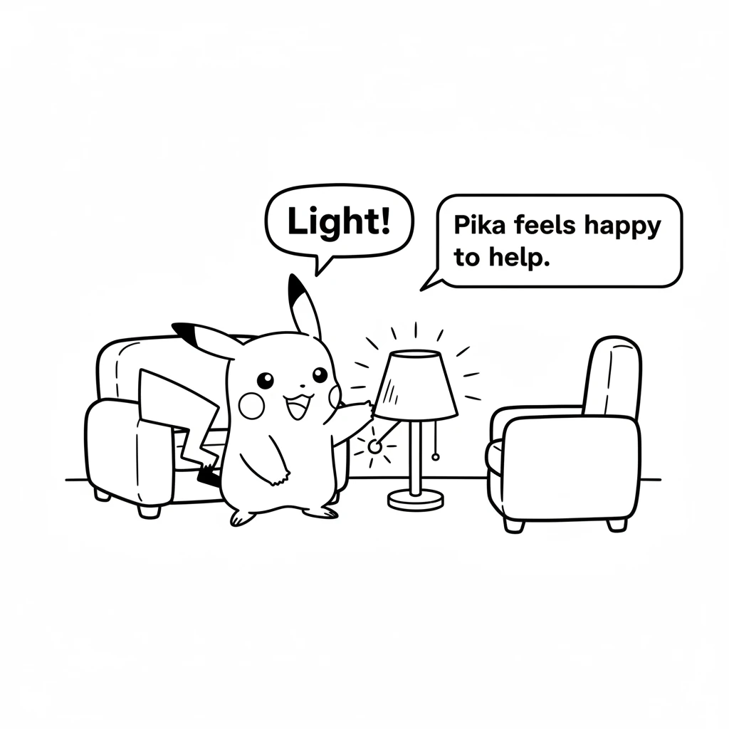 Pika finds a cozy, dim room and sees a small, unlit lamp. With a gentle touch and a soft spark, Pika makes the lamp glow warmly. "Light!" Pika feels h