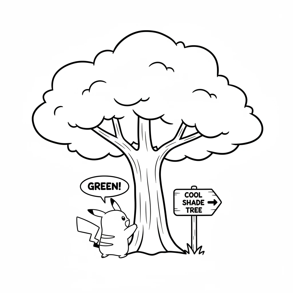 Venturing further, Pika finds a giant, green tree with many leaves. It stands tall and strong, offering cool shade. "Green!" Pika whispers, admiring i